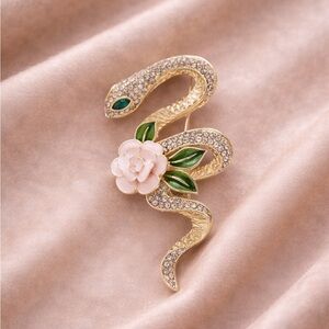 Serpenti Rose Snake Gold Brooch with Pink Flower